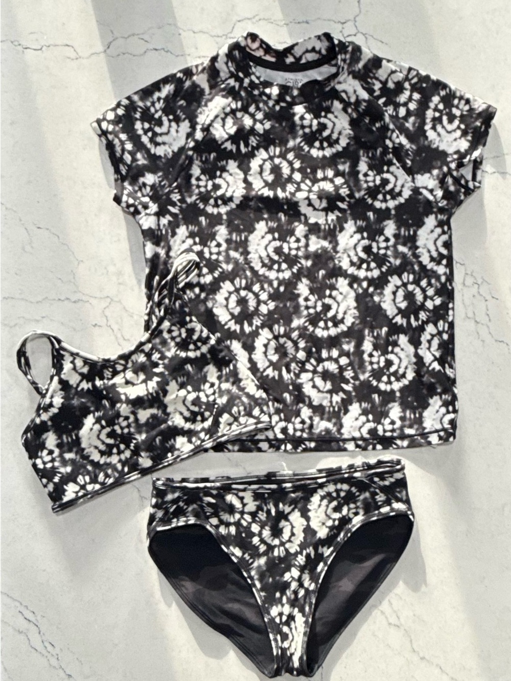 Athleta Black & White Tie-Dye Kids Three-Piece Swim Set